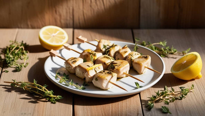 Brochettes de poulet au thym et citron