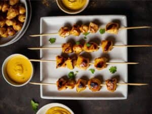Brochettes de poulet au curcuma et sauce moutarde-miel