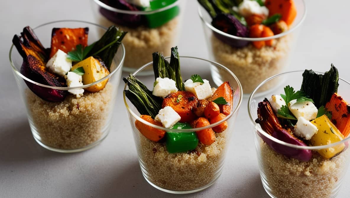 Verrines de quinoa, feta et légumes rôtis
