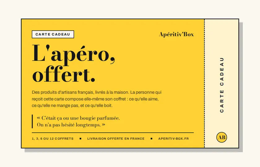 Carte cadeau Apéritiv'Box : l'apéro offert, 1, 3, 6 ou 12 coffrets de produits d'artisans français