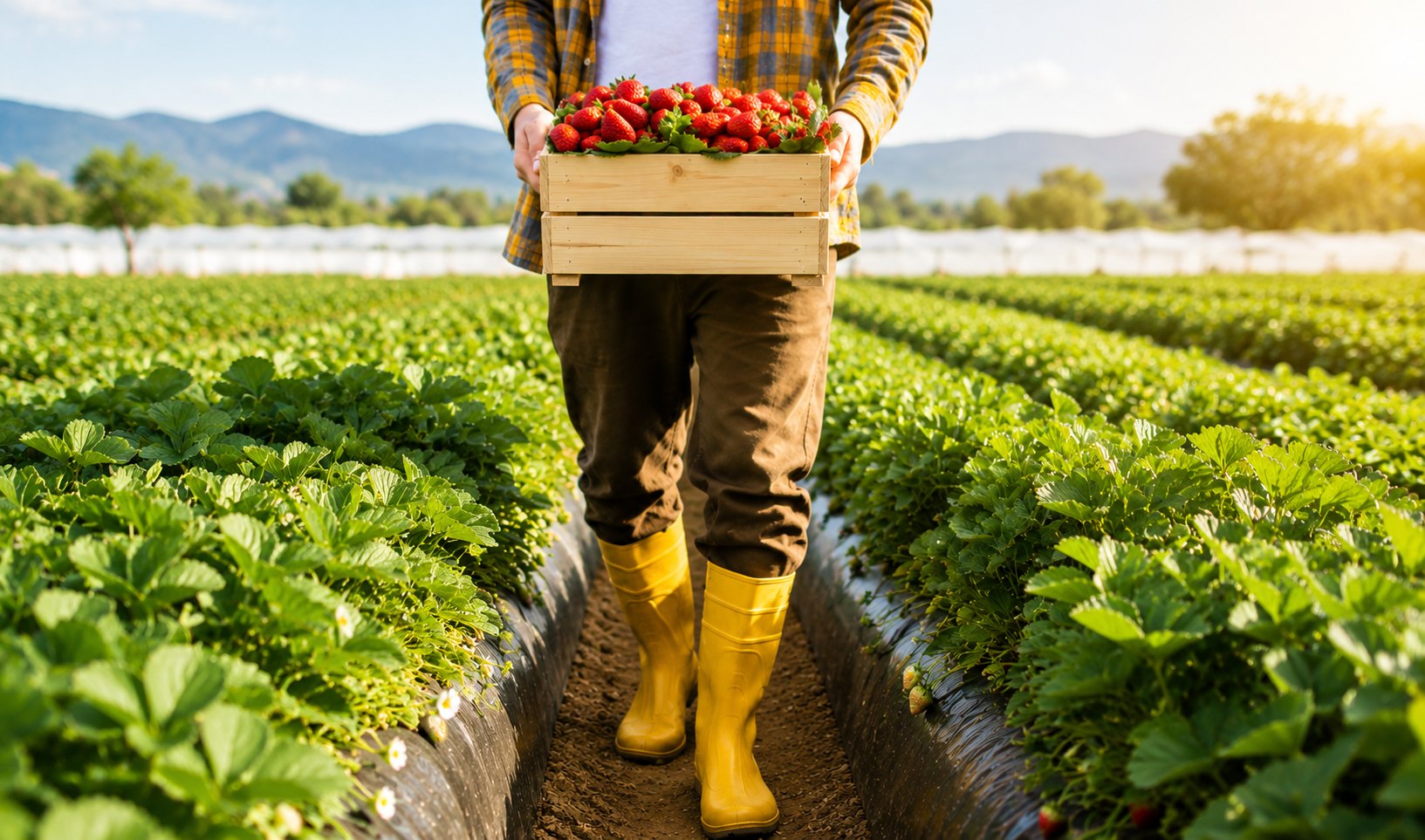 Producteur en bottes jaunes portant une cagette de fraises entre les rangs de fraisiers de son exploitation